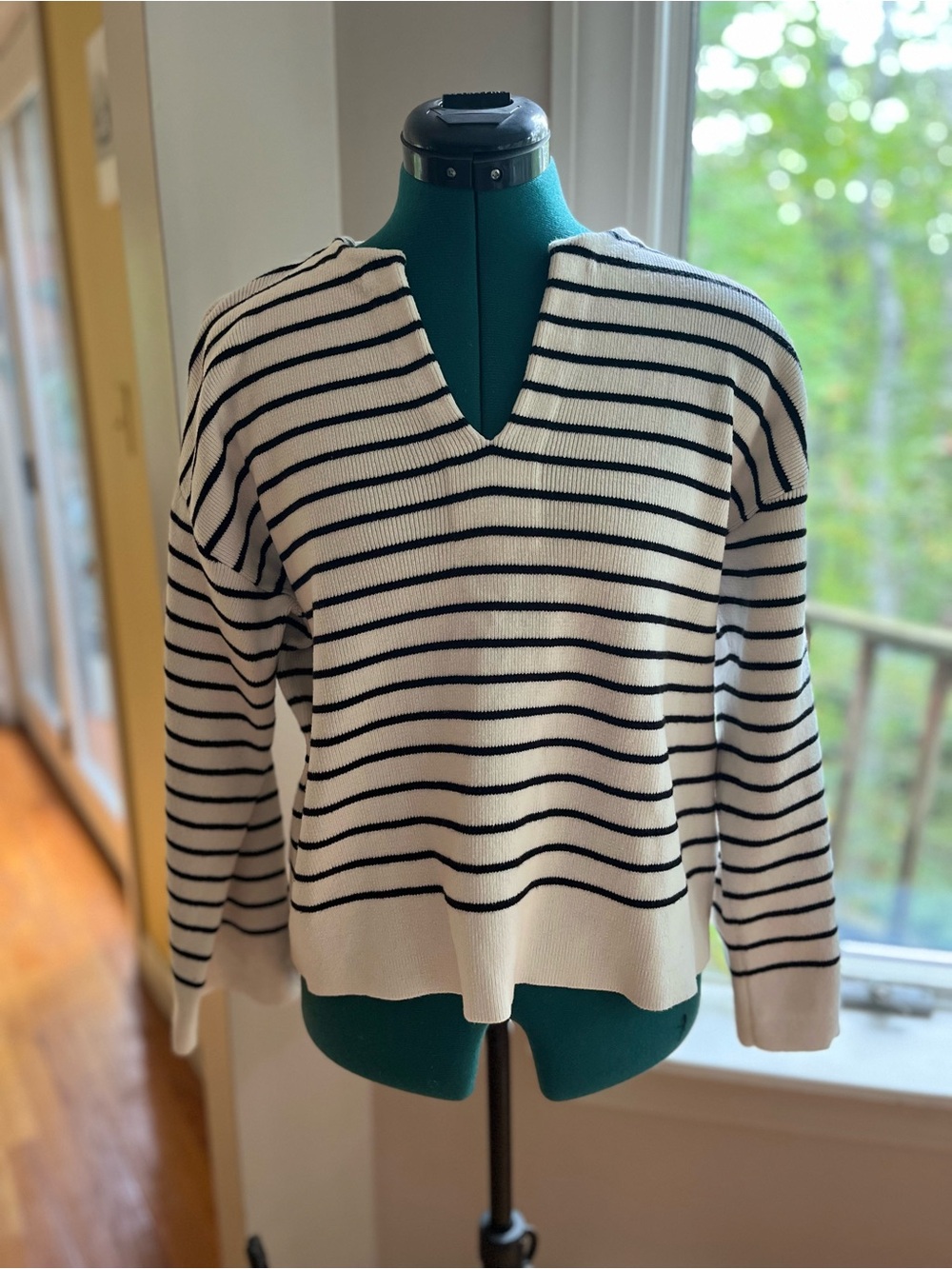 LOFT White and Black Striped Cotton V-Neck Sweater